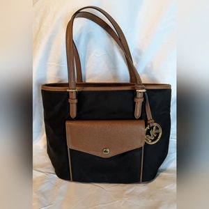 Michael Kors Black Nylon Shoulder Bag w/Tan Leather Trim